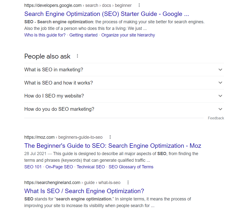 example search page result for SEO