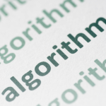 The word 'algorithm' repeated on a page, used to depict social media algorithms.