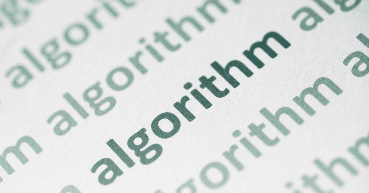 The word 'algorithm' repeated on a page, used to depict social media algorithms.