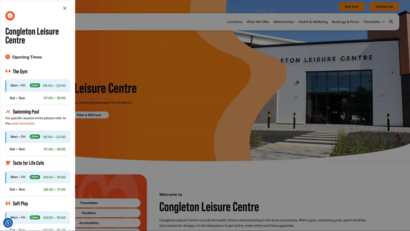 Screenshot of the opening times in the front end of the Everybody Health & Leisure website