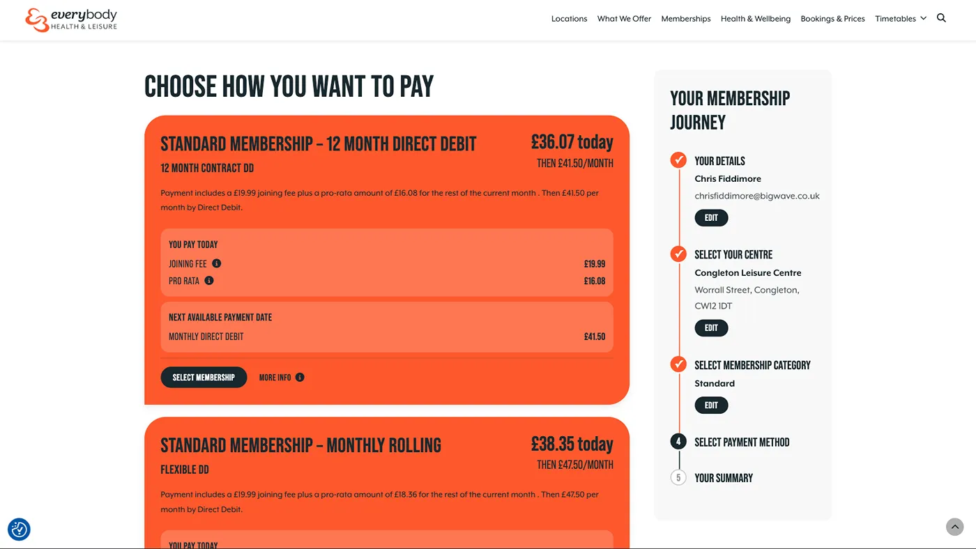 A screenshot of the membership journey which shows the different payment methods available to the user including all extra costs.