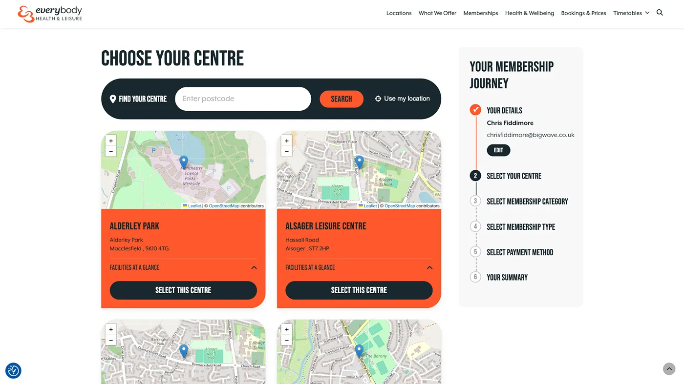 A screenshot of the membership journey at the point where the user selects their nearest centre
