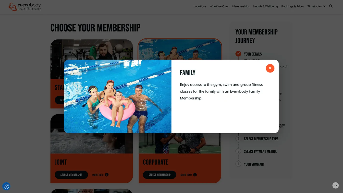 A screenshot of the membership journey where the user has clicking the 'More Information' button which has displayed a popup about the Family Memberships